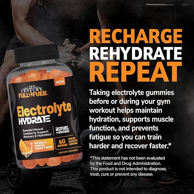 21st Century Full Fuel 365 Electrolyte Gummies, Orange Flavor, 60 Count, Daily Hydration and Electrolyte Replenishment with Potassium, Zinc, B-12, Magnesium