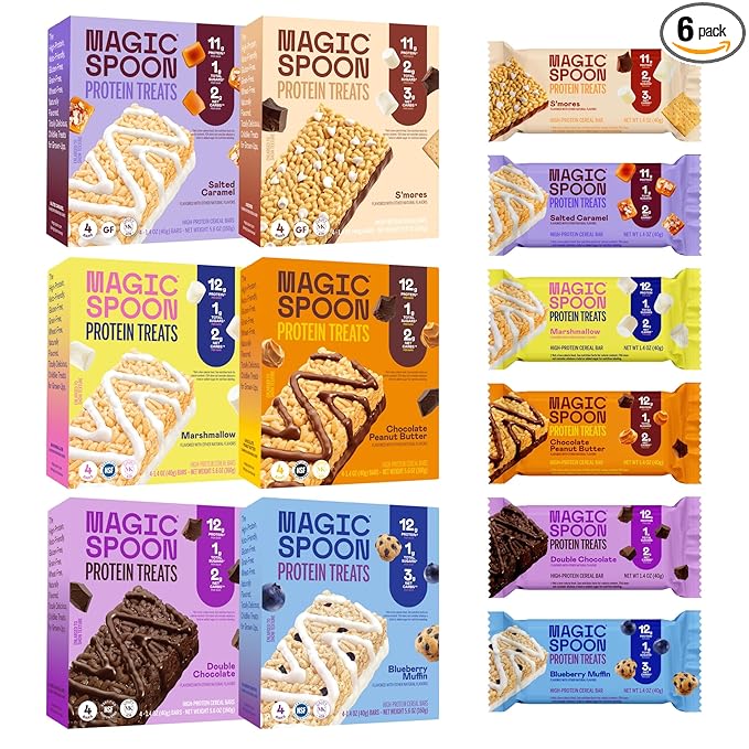 Magic Spoon Treats - 24 High Protein Bars: 4 each, Salted Caramel, Smores, Marshmallow, Chocolate Peanut Butter, Blueberry Muffin, Double Chocolate - High Protein Sugar & Gluten Free Snack