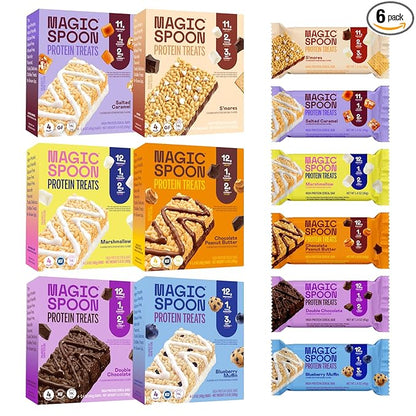 Magic Spoon Treats - 24 High Protein Bars: 4 each, Salted Caramel, Smores, Marshmallow, Chocolate Peanut Butter, Blueberry Muffin, Double Chocolate - High Protein Sugar & Gluten Free Snack