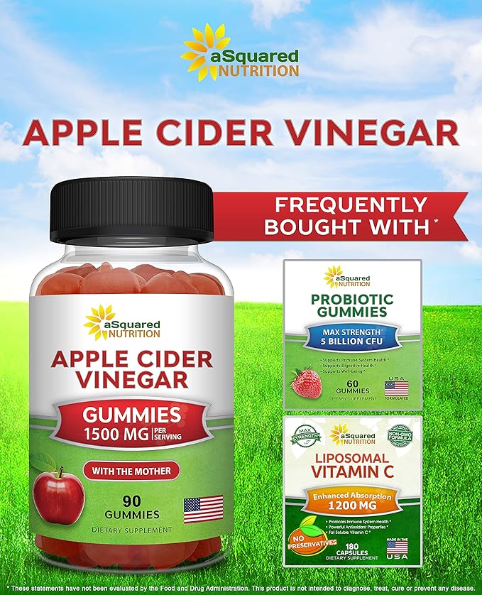 aSquared Nutrition Apple Cider Vinegar Gummies - 1500mg Per Serving - with The Mother - 90 ACV Gummies w/Vitamin B6 & B12, Folic Acid - Vegan Gummy Supplement Alternative to Capsules Pills (Pack of 2)