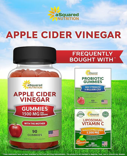 aSquared Nutrition Apple Cider Vinegar Gummies - 1500mg Per Serving - with The Mother - 90 ACV Gummies w/Vitamin B6 & B12, Folic Acid - Vegan Gummy Supplement Alternative to Capsules Pills (Pack of 2)