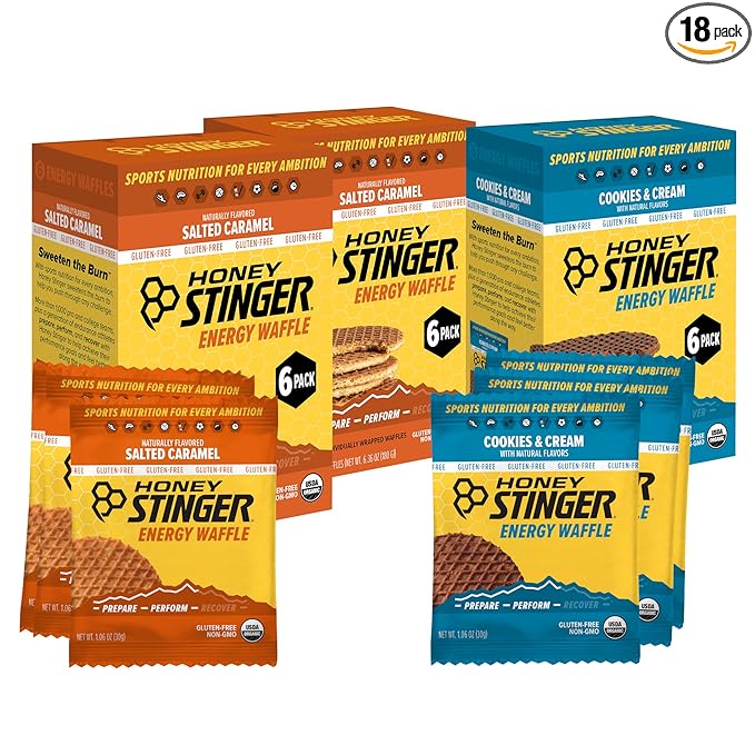 Honey Stinger Organic & Gluten Free Energy Waffle Variety Pack of 18, 12 Salted Caramel and 6 Cookies & Cream Waffles, Nutritious Stroopwafel Snack for Exercise, Endurance and Performance