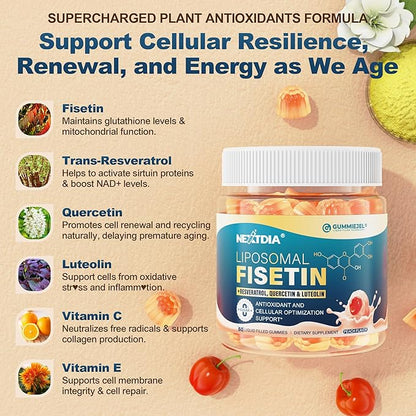 Liposomal Fisetin Complex Gummies - Healthy Aging & Cellular Renewal Support - 98% Purity Fisetin Supplement w/Trans-Resveratrol, Quercetin, Luteolin, Vitamin C & E, 1-A-Day, Vegan 120 Servings