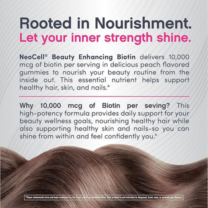 NeoCell biotin 10000mcg Gummies | 72 Count | Beauty Enhancing Supplement | Hair, Skin, and Nails | Peach Flavor