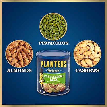 PLANTERS Deluxe Pistachio Mix, Party Snacks, Plant-Based Protein, 14.5 Oz Canister (Pack of 2)