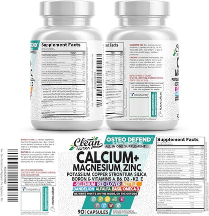 Allin1 Calcium Magnesium Zinc Supplement with Potassium, Copper, Strontium, Silica, Vitamin D3 K2, Boron, Vitamin B1 B12 Red Clover Herb Alfalfa Basil Pills for Men & Women Clean Nutra Osteo Defend