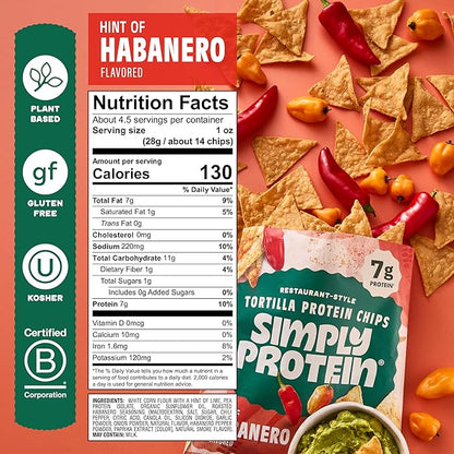 Simply Protein - Tortilla Chips, Restaurant Style Protein Chips, Hint of Habanero (3-Pack) - 7g Protein, 140 Calories, Gluten Free, Vegan - Plant Based Pea Protein Snacks - 3 Bags, 4.58oz (130g)