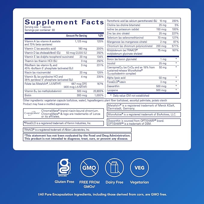 Pure Encapsulations O.N.E. Multivitamin - Once Daily Multivitamin with Antioxidant Complex Metafolin, CoQ10, and Lutein to Support Vision, Cognitive Function, and Cellular Health* - 60 Capsules