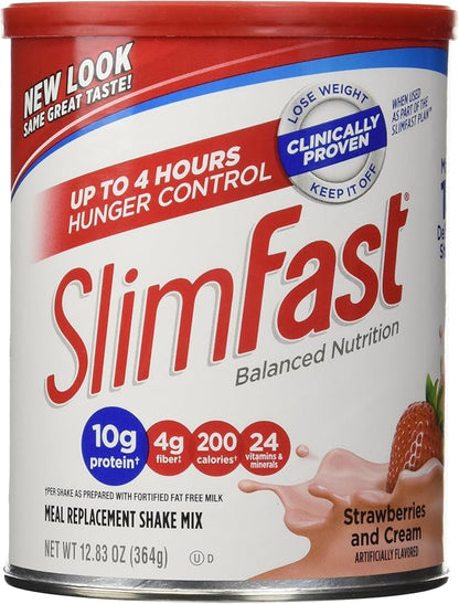 SlimFast Original Strawberries & Cream Meal Replacement Shake Mix – Weight Loss Powder – 12.83 Oz. Canister – 14 Servings - Pantry Friendly