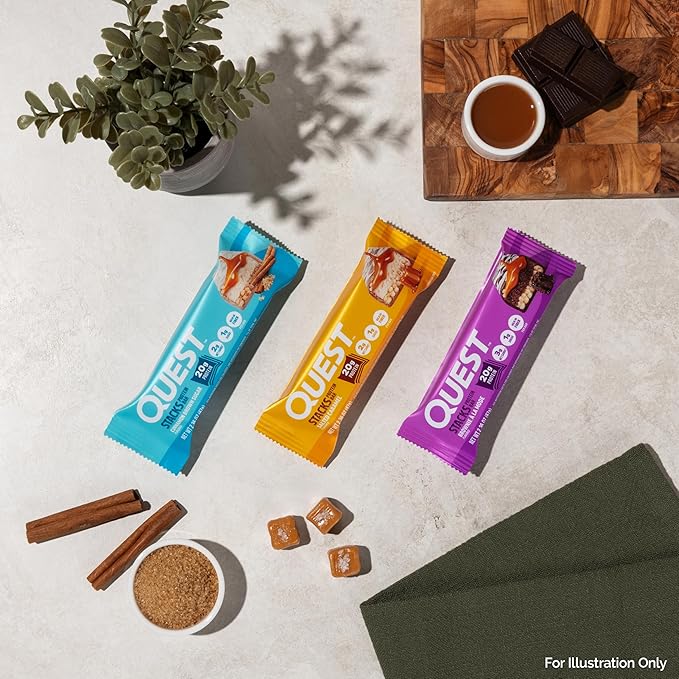 Quest Nutrition Stacks Protein Bars, Cinnamon Brown Sugar, 20g Protein, 2g Net Carbs, 1g Sugar, High Fiber, Low Sugar, Gluten Free, 12 Count