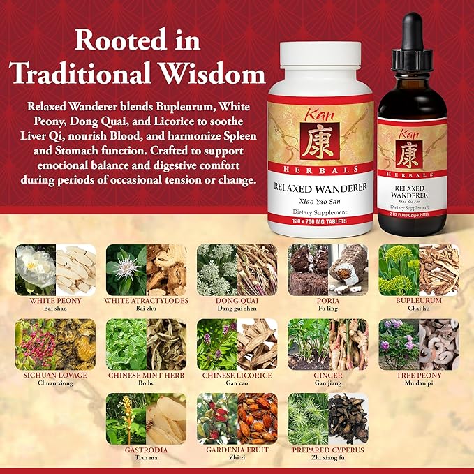Kan Herbs Company Relaxed Wanderer – Traditional Chinese Herbal Formula to Support Mood, Digestion, and Menstrual Balance, Nourishes Blood, Eases Occasional Tension and Fatigue, 2 fl oz