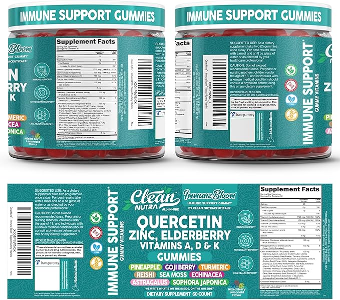 Clean Quercetin Elderberry Immune Support Gummies | Zinc Vitamin K2 D3 A Bromelain Goji Berry Turmeric Sea Moss Echinacea Astragalus Selenium Olive Leaf Immunity Supplement Gummy Vitamins