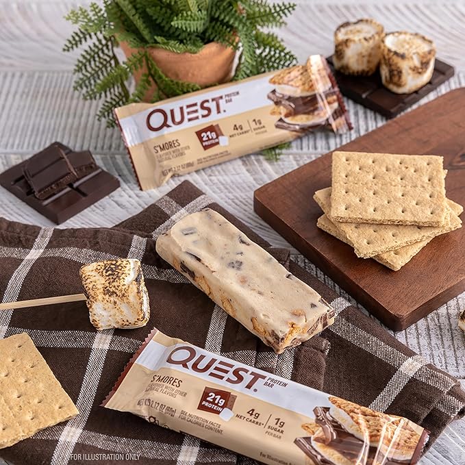 Quest Nutrition S'mores Protein Bar, 21g Protein, 4g Net Carbs, 1g Sugar, Gluten Free, Keto Friendly, 4 Count