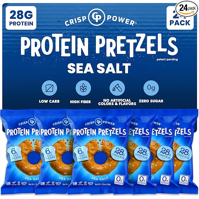 CRISP POWER Protein Pretzels, Sea Salt, 28G Protein, High Protein Snack, High Fiber, Low Carb Crunchy Pretzel Snacks, No Added Sugar, 1.75 oz Bags, 24 Pack, Vegan, Keto