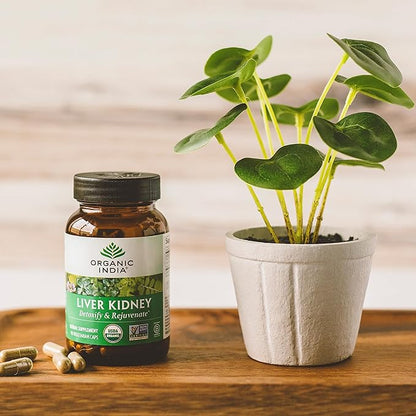 ORGANIC INDIA Liver Kidney Herbal Supplement - Detoxify & Rejuvenate, Supports Healthy Liver & Kidney Function, Vegan, Gluten-Free, Kosher, USDA Certified Organic, Non-GMO - 90 Capsules