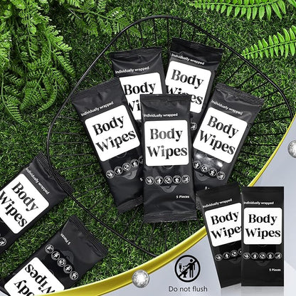 300 Pcs 60 Pack Body Wipes for Adults Bathing No Rinse Individually Wrapped Shower Wipes Washcloth with Aloe Cleansing Body Wash Cloths Disposable Bulk Deodorant Homeless(Black Background)
