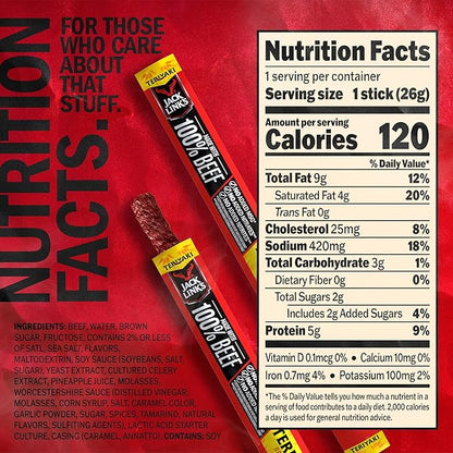 Jack Link's Beef Sticks, Teriyaki - Protein Snack, Meat Stick with 5g of Protein, Beef Jerky Snack Sticks Made with 100% Meat, Keto Friendly, Individually Wrapped - 0.92 Oz. (20 Count)