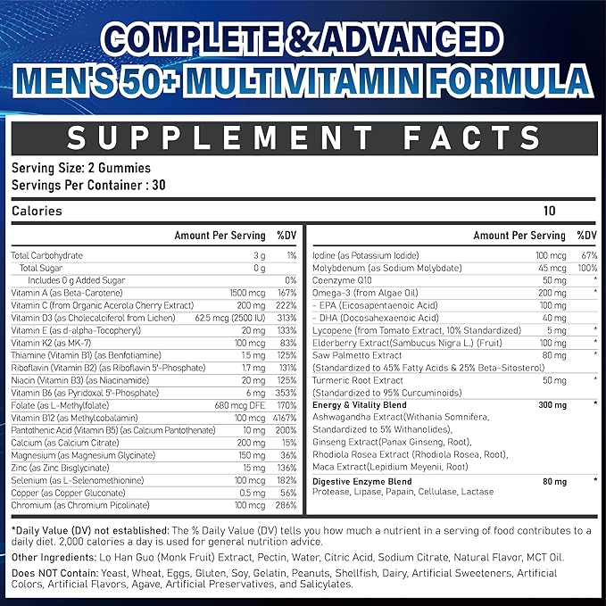 Sugar Free Multivitamin Gummies for Men 50 Plus - Methylated Multivitamin with Omega-3, CoQ10, Elderberry & Turmeric for Energy, Immune, Gut, Health Support - Vegan, Non-GMO, Gluten-Free