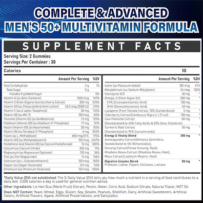 Sugar Free Multivitamin Gummies for Men 50 Plus - Methylated Multivitamin with Omega-3, CoQ10, Elderberry & Turmeric for Energy, Immune, Gut, Health Support - Vegan, Non-GMO, Gluten-Free