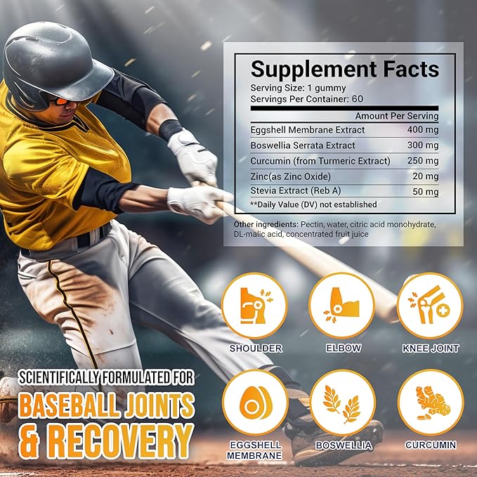 Eggshell Membrane 400mg, Boswellia 300mg, Curcumin 250mg & Zinc 20mg Gummies - Baseball Athlete Joint Support, Flexibility, Recovery, Antioxidant, Energy, Endurance - Vegan, Non-GMO, 60 Gummies
