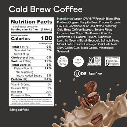 OWYN 100% Vegan Plant-Based Protein Shake, Cold Brew Coffee, 12 Pack, with 20g Plant Protein, Omega-3, Prebiotic supplements, Superfoods Greens Blend, Gluten-Free, Soy-Free, Non-GMO