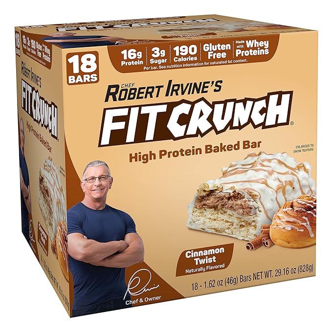 FITCRUNCH Snack Size Protein Bars, 6-Layer Baked Bar, 3g of Sugar & Soft Cake Core (18 Bars, Cinnamon Twist)