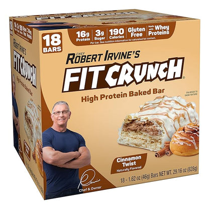 FITCRUNCH Snack Size Protein Bars, 6-Layer Baked Bar, 3g of Sugar & Soft Cake Core (18 Bars, Cinnamon Twist)