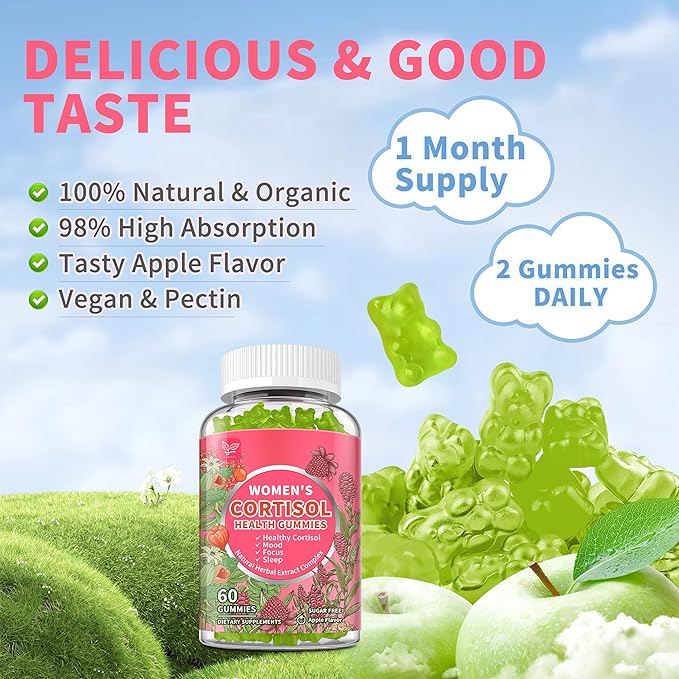Cortisol Gummies for Women,Cortisol Manager with Ashwagandha,Magnesium,L-theanine,Phosphatidylserine,Rhodiola Rosea,Black Pepper for Mood Support,Adrenal Balance,Sleep,Vegan,Apple Flavor,60 Count