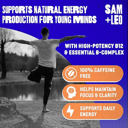 SAM+LEO Vitamin B Complex Gummies with Biotin for Kids & Teens - Caffeine-Free Focus & Energy Support Supplement Gummies | Vegan & Gluten Free Supplement - Strawberry Flavor (60 Count)
