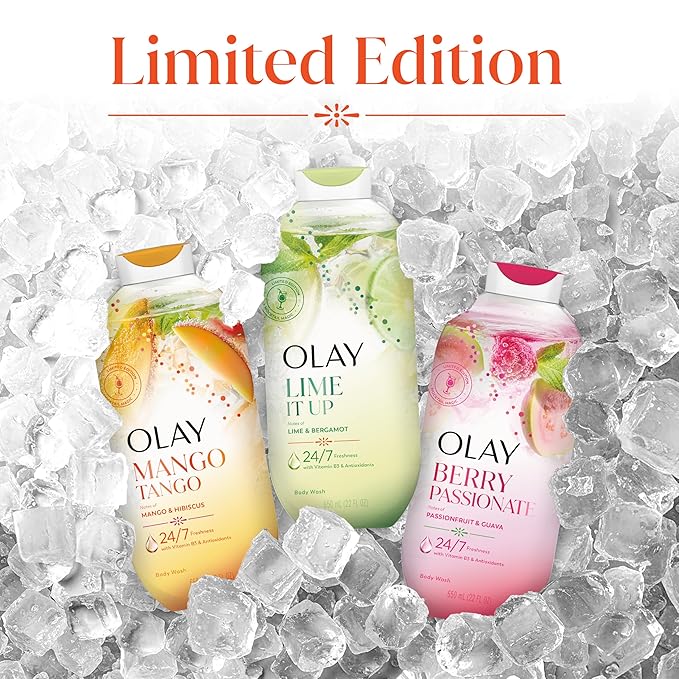 Olay Body Wash for Women, 24/7 Skin-Loving Freshness, Miami Mocktails, Plant Based Cleansers, Vitamin B3 & Antioxidant Blend, For All Skin Types, Mango Tango with Mango & Hibiscus Scent, 22 fl oz