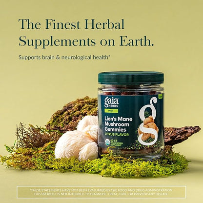 Gaia Herbs Lion's Mane Mushroom Gummies - Brain Support Supplement* - Made with Organic Lion's Mane Mushrooms - Free from Gluten, Soy & Dairy - 60 Vegan Gummies (30 Servings)