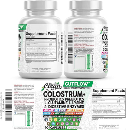 Clean Nutraceuticals Colostrum Supplement Capsules Probiotics Pills Prebiotics, L-Glutamine, Digestive Enzymes, Folate, Fiber, ACV, Turmeric, Apple Pectin and Turmeric Pills