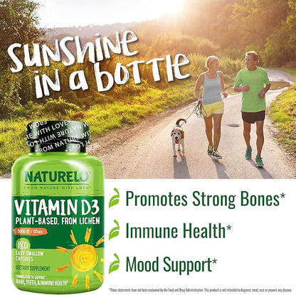 NATURELO Vitamin D - 5000 IU - Plant Based from Lichen - Natural D3 Supplement for Immune System, Bone Support, Joint Health - High Potency - Vegan - Non-GMO - Gluten Free - 180 Capsules (Pack of 2)