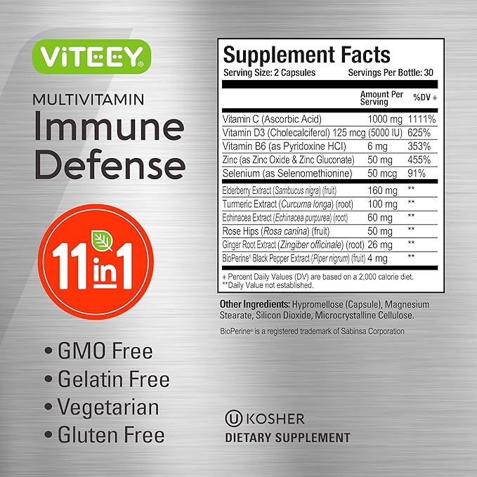 Viteey 11 in 1 Immune Support Supplement - Immune Defense with Vitamin D3, B6, Echinacea, Turmeric, Rose-HIPS, Selenium, BioPerine, Ginger, Elderberry Vitamin C and Zinc - 60 Count