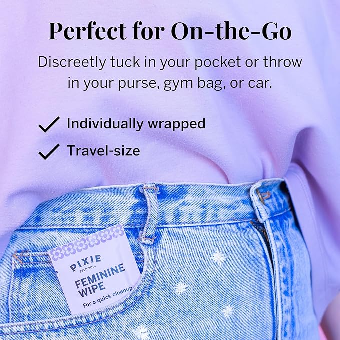 Pixie Feminine Wipes - Flushable, Biodegradable, & Ph Balanced - Individually Wrapped Packet Wipes for On The Go & Public Bathrooms - Wash & Cleaner For Your Menstrual Cups & Discs (1 Pack of 10)