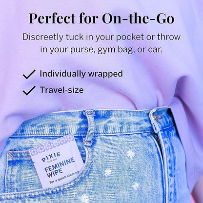 Pixie Feminine Wipes - Flushable, Biodegradable, & Ph Balanced - Individually Wrapped Packet Wipes for On The Go & Public Bathrooms - Wash & Cleaner For Your Menstrual Cups & Discs (2 Packs of 20)