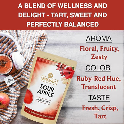BREWIX, Sour Apple Hibiscus Tea Bags (25 Pyramid Tea Bags) Caffeine-Free Herbal Tea | Apple, Hibiscus, Rosehip | Refreshing Wellness Brew for Any Mood | Hot or Iced Refreshment