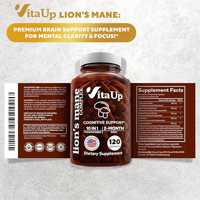 VitaUp Mushroom Supplement - USA Made 10 in 1 Mushroom Complex - Mushroom Capsules with Lions Mane, Cordyceps, Turkey Tail, Reishi, Shiitake for Cognitive & Immune Support - 120 Count