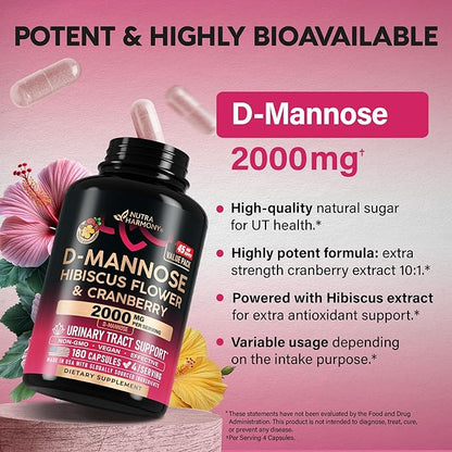 NUTRAHARMONY D-Mannose 2000mg with Cranberry & Hibiscus - Clinically Tested Strength for Urinary Tract Health - Supplement for Women - Bladder, Liver & Microflora Support - Vegan, 180 Capsules