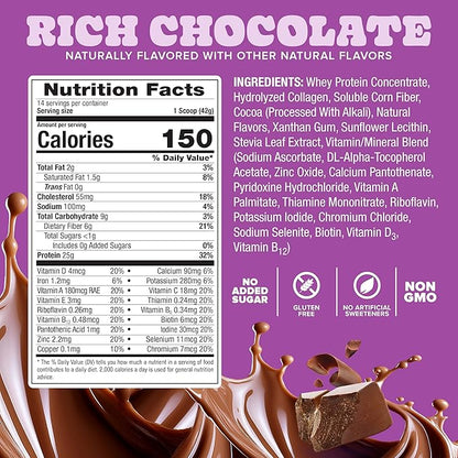 Pure Protein All-In-One Powder, Rich Chocolate - Whey & Collagen, High Fiber, Vitamins, No Added Sugar, Non-GMO, Gluten-Free, 1.25lb