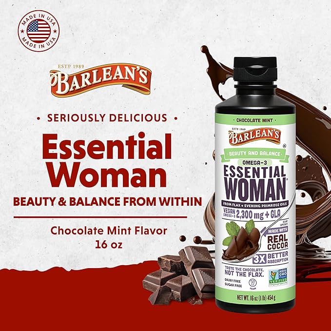 Barlean's Essential Woman Chocolate Mint Liquid Supplement from Flaxseed, Evening Primrose Oil & Soy Isoflavones, Omega 3 6 9 and GLA, Hormonal Balance & Healthy Hair and Skin, 16 oz