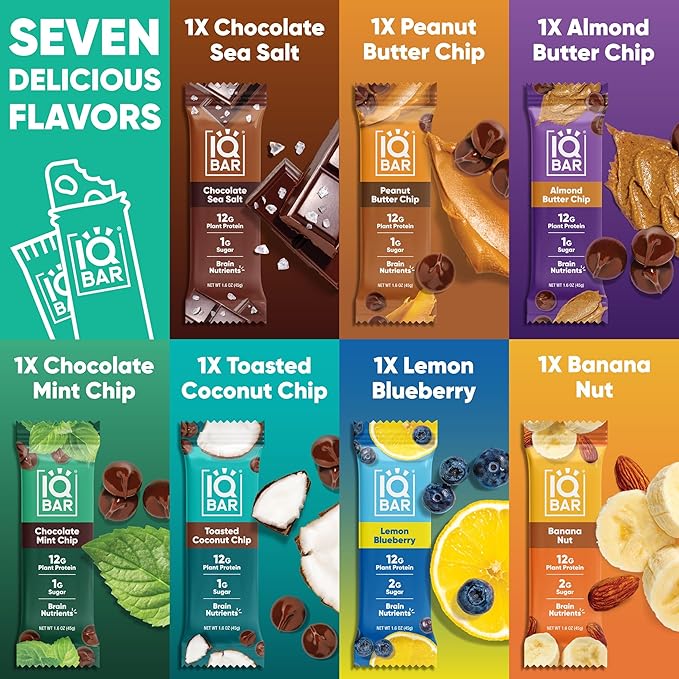 IQBAR Clean Plant Protein Bars - Bar Sampler - 7 Count - Keto, Vegan, High Fiber, Gluten and Dairy Free, Low Sugar Snack - Brain and Body Nutrients for Focus, Energy, Meal Replacement