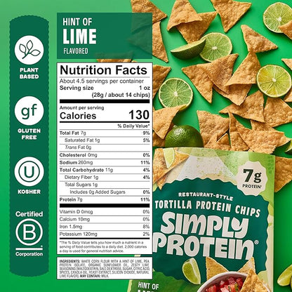 Simply Protein - Tortilla Chips, Restaurant Style Protein Chips, Hint of Lime (3-Pack) - 7g Protein, 140 Calories, Gluten Free, Vegan - Crispy Plant Based Pea Protein Snacks - 3 Bags, 4.58oz (130g)