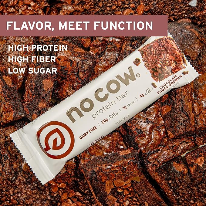 No Cow Vegan Protein Bars, Upgraded Chocolate Fudge Brownie | 20g Plant Based Protein, Gluten Free, Dairy Free, Soy Free, Keto Friendly, Low Sugar, High Fiber Snack Bars | Pack of 12