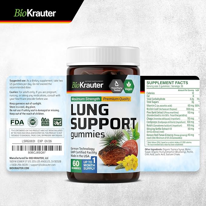 BIO KRAUTER® 8-in-1 Lung Detox for Respiratory Support - Lung Сleanse Gummies Mushroom & Herbal Supplements - 60 Mullein Gummies with Vitamin C, 30 Days of Supply, Blueberry Flavor, Non-GMO