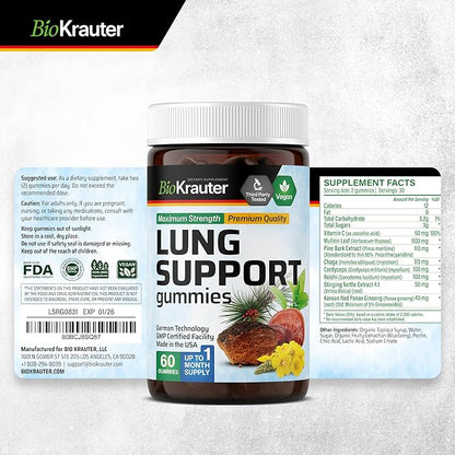 BIO KRAUTER® 8-in-1 Lung Detox for Respiratory Support - Lung Сleanse Gummies Mushroom & Herbal Supplements - 60 Mullein Gummies with Vitamin C, 30 Days of Supply, Blueberry Flavor, Non-GMO
