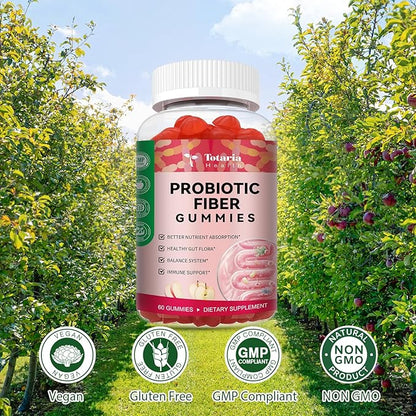 Totaria 9-in-1 Probiotic Fiber Gummies for Adults & Teens 16G Fiber per Serving, Psyllium Fiber Supplement with 5 Billion CFU Bacillus Coagulans, Inulin, ACV for Digestive & Gut Wellness - 60 Gummies
