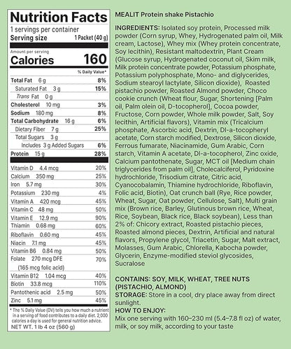 Pistachio Protein Shake - 15g Protein & 7g High Fiber, Low Sugar, Keto-Friendly Meal Replacement Powder with Roasted Pistachio Pieces & Chocolate Cookie Crunch 19.8 oz 14 Servings