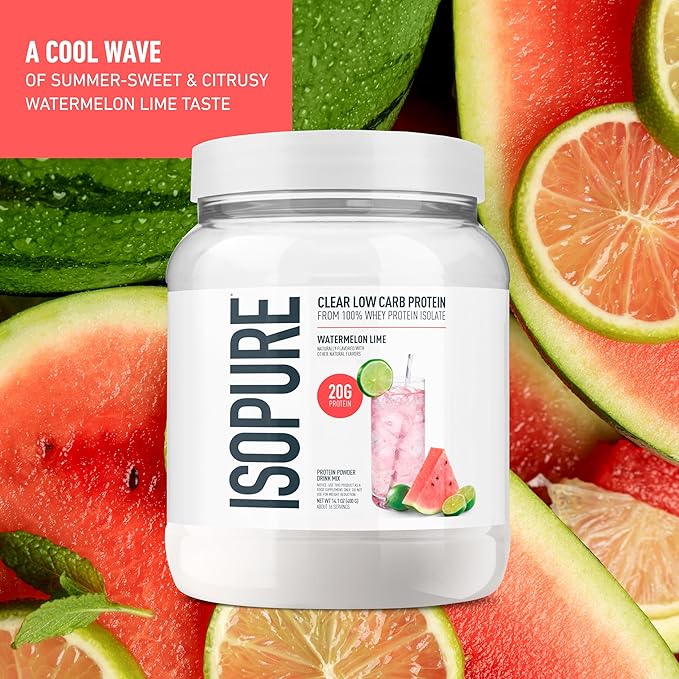 Isopure Clear Whey Isolate Watermelon Lime Protein Powder 16 Servings + 1 Bottle of Clear Protein Water with Electrolytes, 15g Whey Protein Isolate, Zero Sugar, Mixed Berry, 20 fl oz Bottle