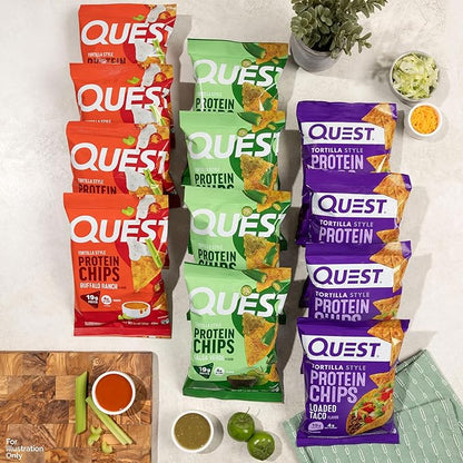Quest Nutrition Game Day Tortilla Style Protein Chips Variety Pack, Buffalo Ranch x4, Salsa Verde x4, Loaded Taco x4, 1.1 oz (Pack of 12)